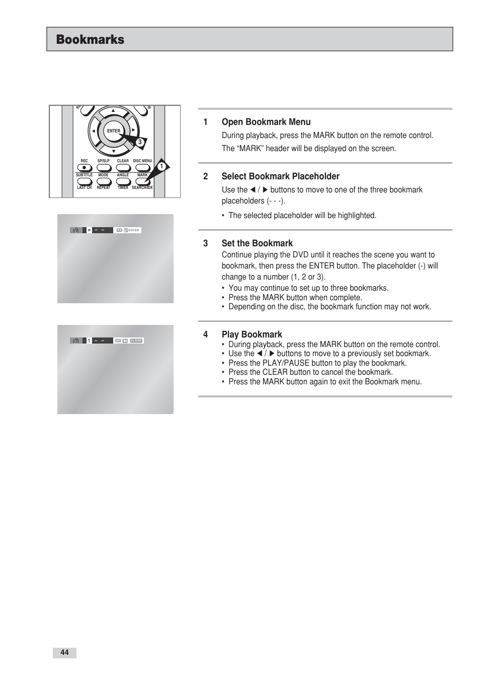 Bookmarks, 1open bookmark menu, 2select bookmark placeholder | 3set the bookmark, 4play bookmark | Go-Video DV2130 User Manual | Page 44 / 66