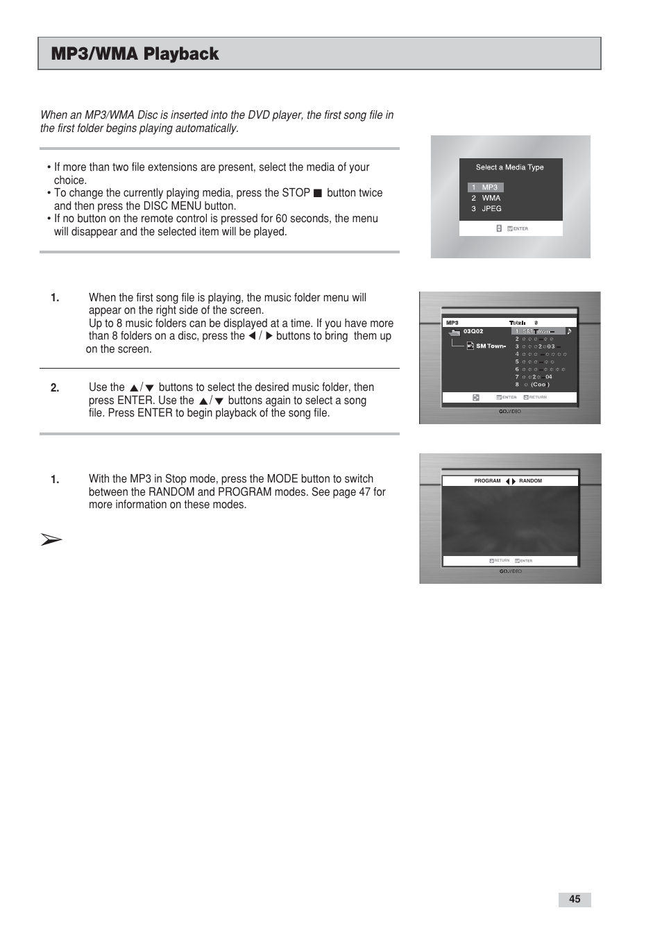 Mp3/wma playback | Go-Video DV2130 User Manual | Page 45 / 66