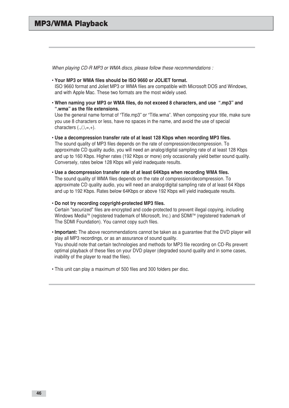Mp3/wma playback | Go-Video DV2130 User Manual | Page 46 / 66