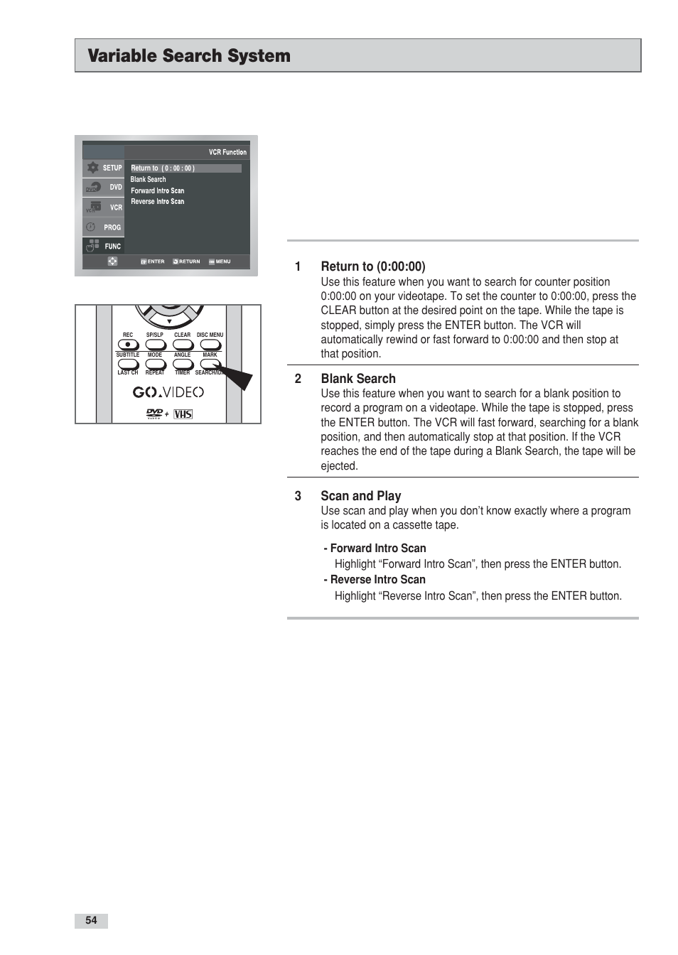 Variable search system, 2blank search, 3scan and play | Go-Video DV2130 User Manual | Page 54 / 66