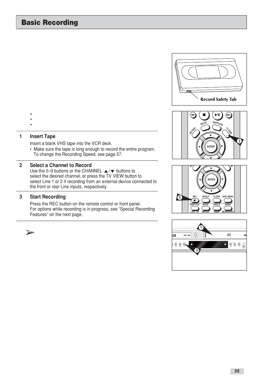 Basic recording, 1insert tape, 2select a channel to record | 3start recording, Use the 0–9 buttons or the channel | Go-Video DV2130 User Manual | Page 55 / 66