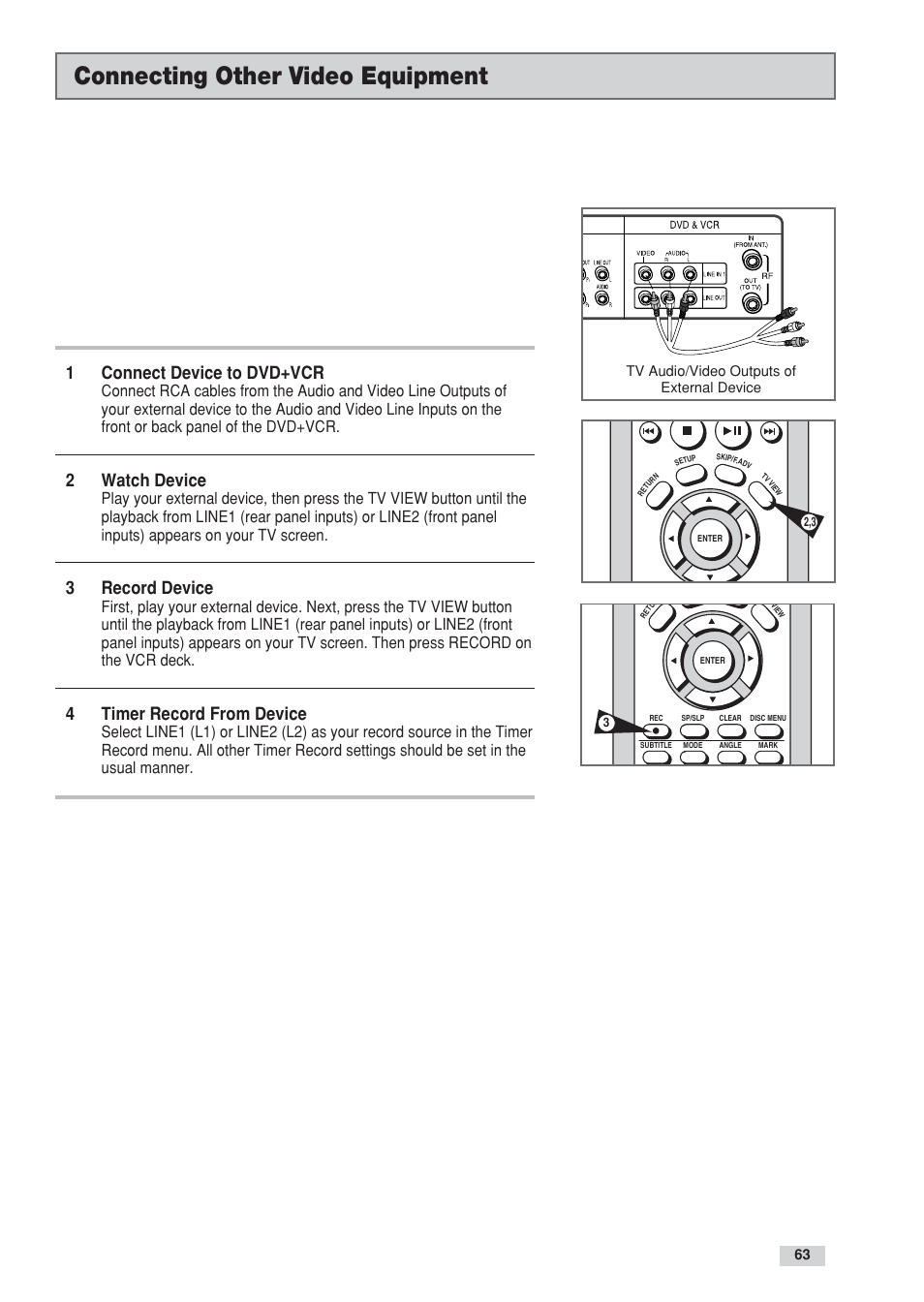 Connecting other video equipment, 1connect device to dvd+vcr, 2watch device | 3record device, 4timer record from device | Go-Video DV2130 User Manual | Page 63 / 66
