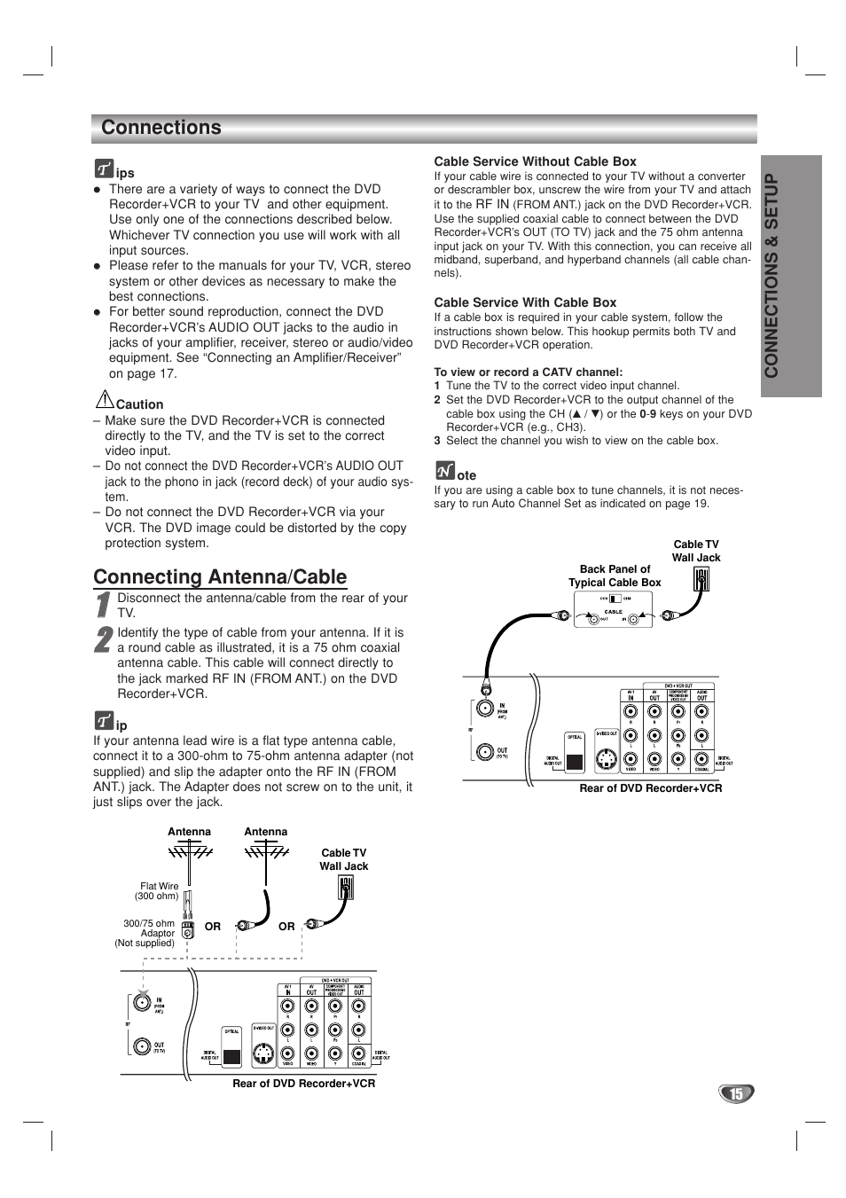 Connections, Connecting antenna/cable, Connections & setup | Go-Video VR3840 User Manual | Page 15 / 62