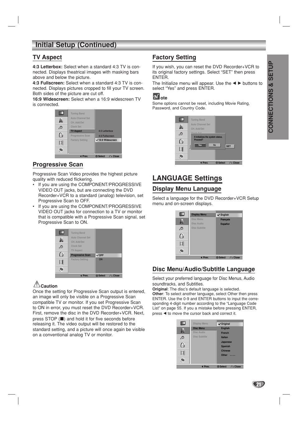 Initial setup (continued), Language settings, Connections & setup | Tv aspect, Progressive scan, Factory setting, Display menu language, Disc menu/audio/subtitle language | Go-Video VR3840 User Manual | Page 21 / 62