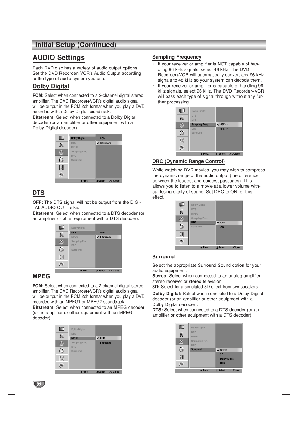 Initial setup (continued) audio settings, Dolby digital, Mpeg | Sampling frequency, Drc (dynamic range control), Surround | Go-Video VR3840 User Manual | Page 22 / 62