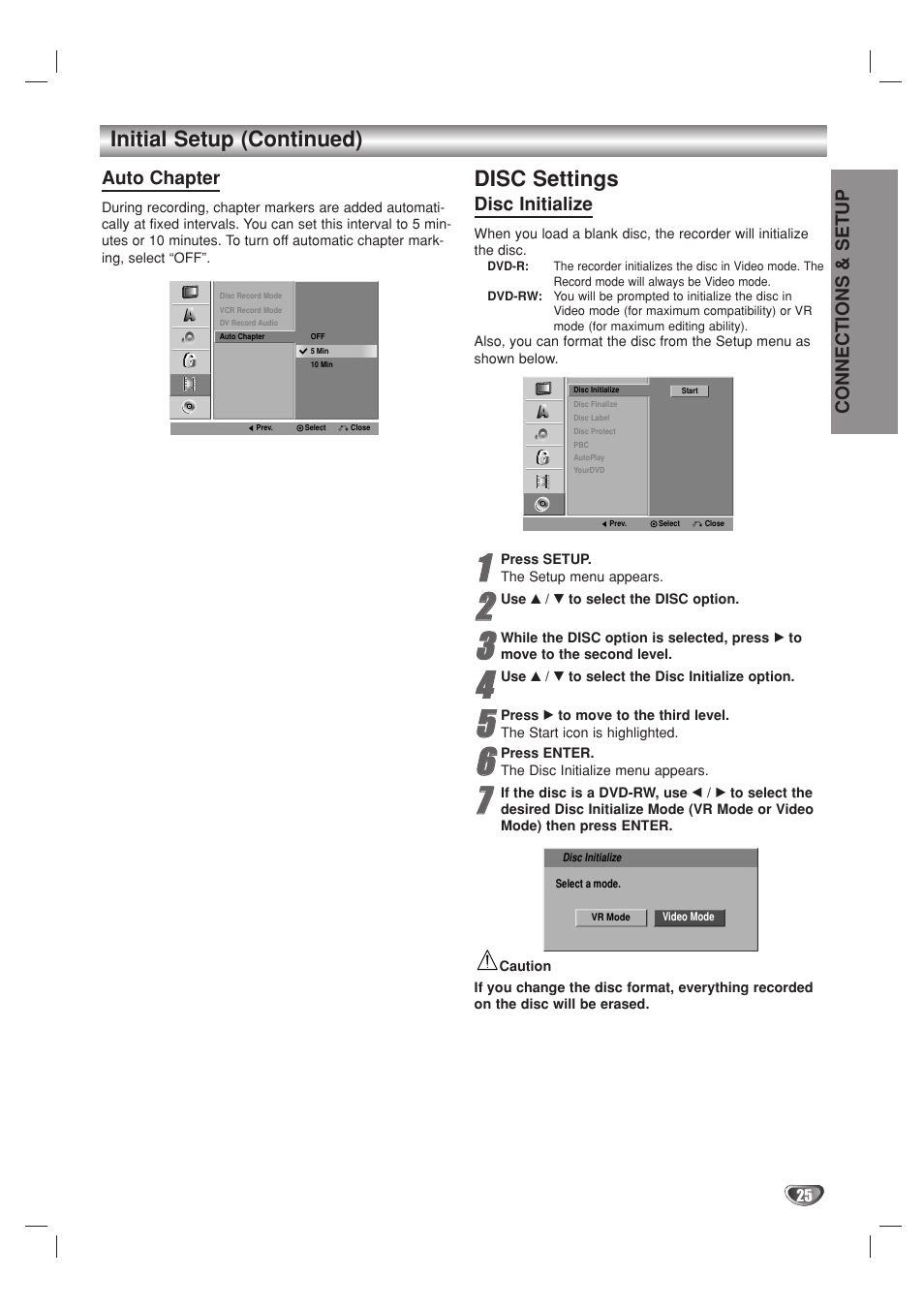 Disc settings, Initial setup (continued) | Go-Video VR3840 User Manual | Page 25 / 62