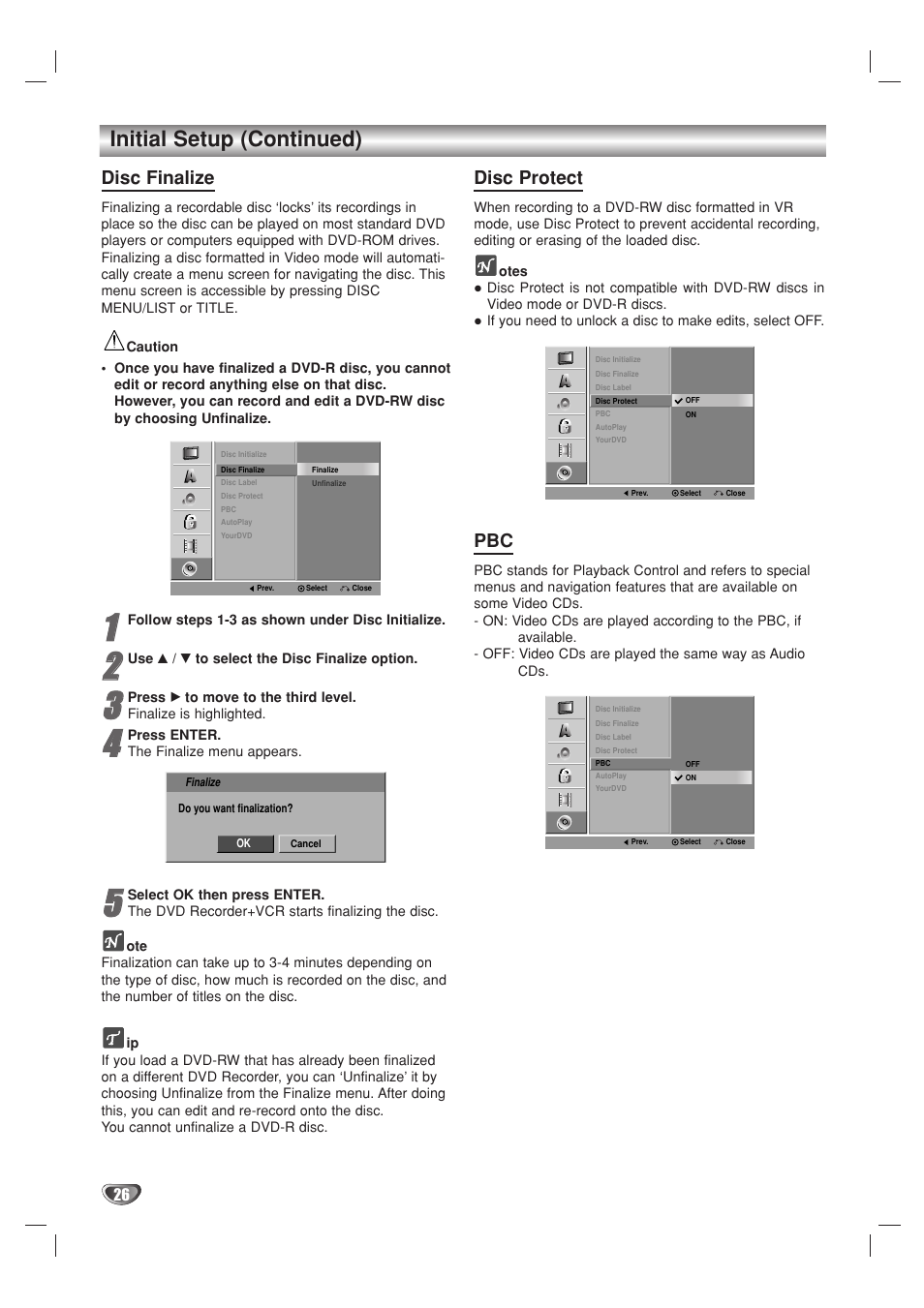 Initial setup (continued), Disc finalize, Disc protect | Go-Video VR3840 User Manual | Page 26 / 62