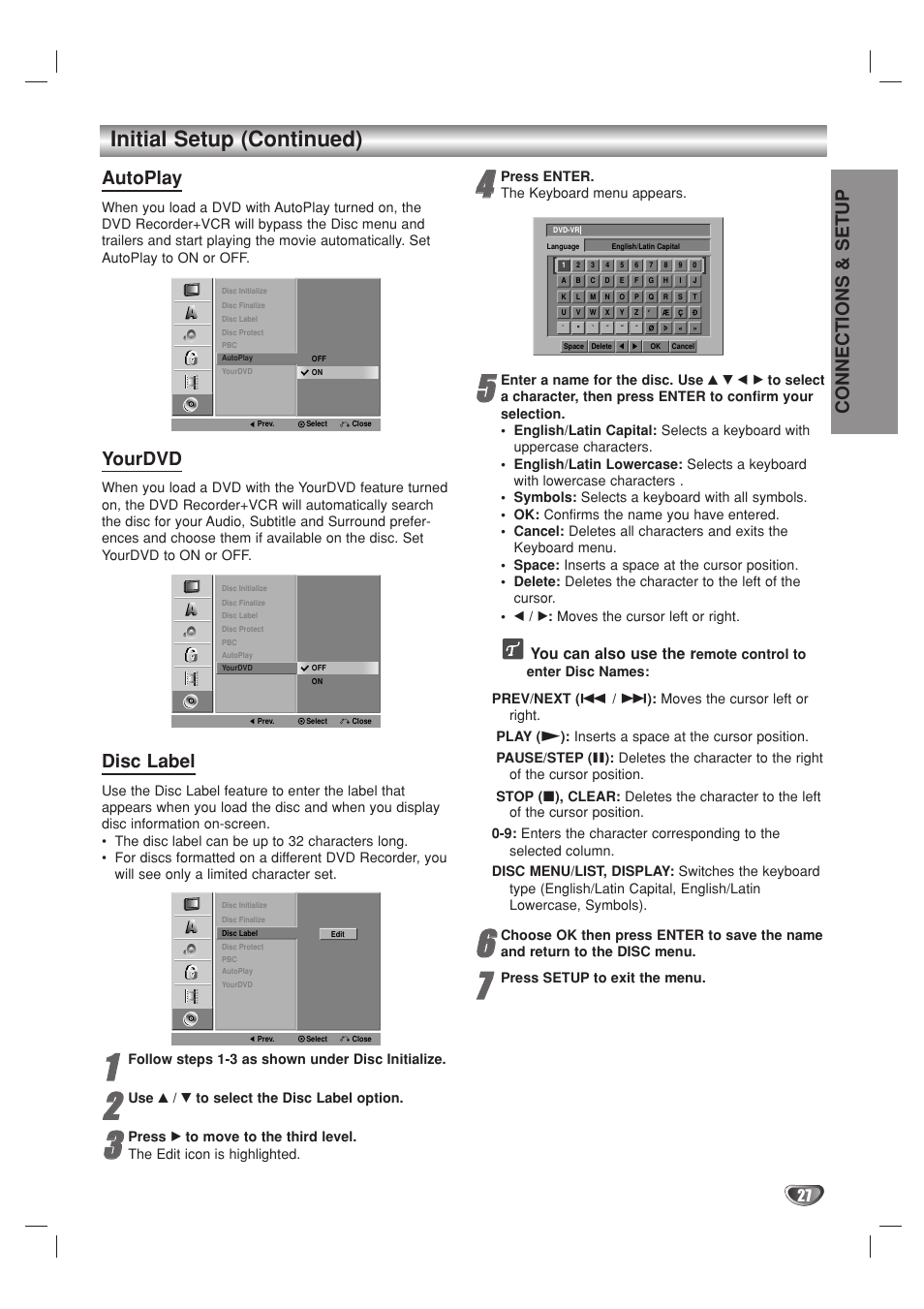 Initial setup (continued), Connections & setup, Autoplay | Yourdvd, Disc label, You can also use the r | Go-Video VR3840 User Manual | Page 27 / 62