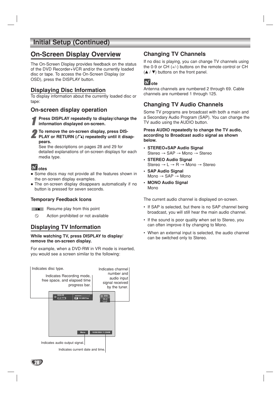 Displaying disc information, On-screen display operation, Displaying tv information | Changing tv channels, Changing tv audio channels | Go-Video VR3840 User Manual | Page 28 / 62