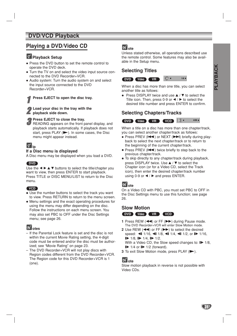 Dvd/vcd playback playing a dvd/video cd | Go-Video VR3840 User Manual | Page 31 / 62