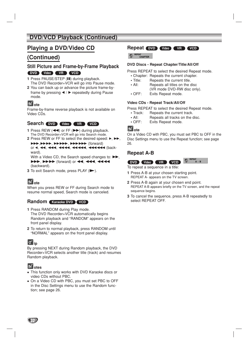 Still picture and frame-by-frame playback, Search, Random | Repeat, Repeat a-b | Go-Video VR3840 User Manual | Page 32 / 62