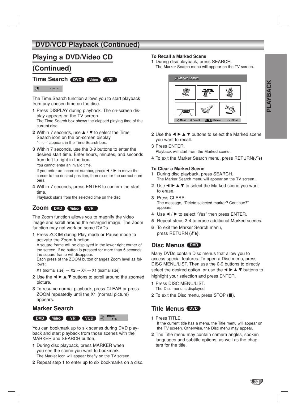 Playing a dvd/video cd (continued), Dvd/vcd playback (continued), Pla yback | Time search, Zoom, Marker search, Disc menus, Title menus | Go-Video VR3840 User Manual | Page 33 / 62