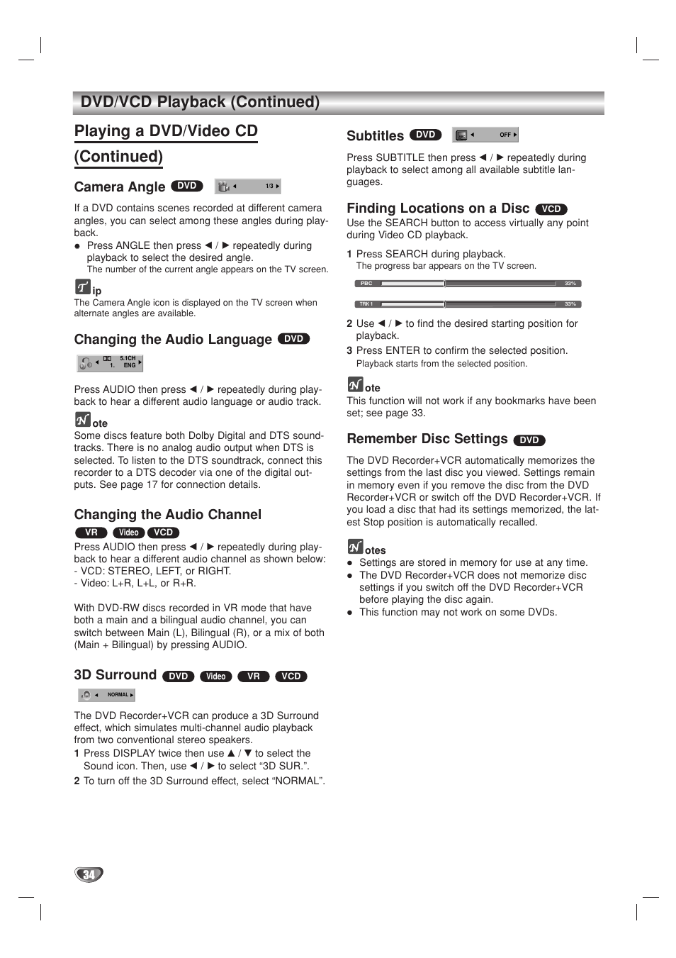 Camera angle, Changing the audio language, Changing the audio channel | 3d surround, Subtitles, Finding locations on a disc, Remember disc settings | Go-Video VR3840 User Manual | Page 34 / 62