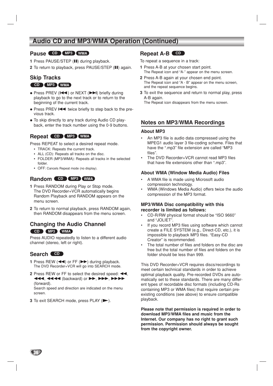 Audio cd and mp3/wma operation (continued), Pause, Skip tracks | Repeat, Random, Changing the audio channel, Search, Repeat a-b | Go-Video VR3840 User Manual | Page 36 / 62