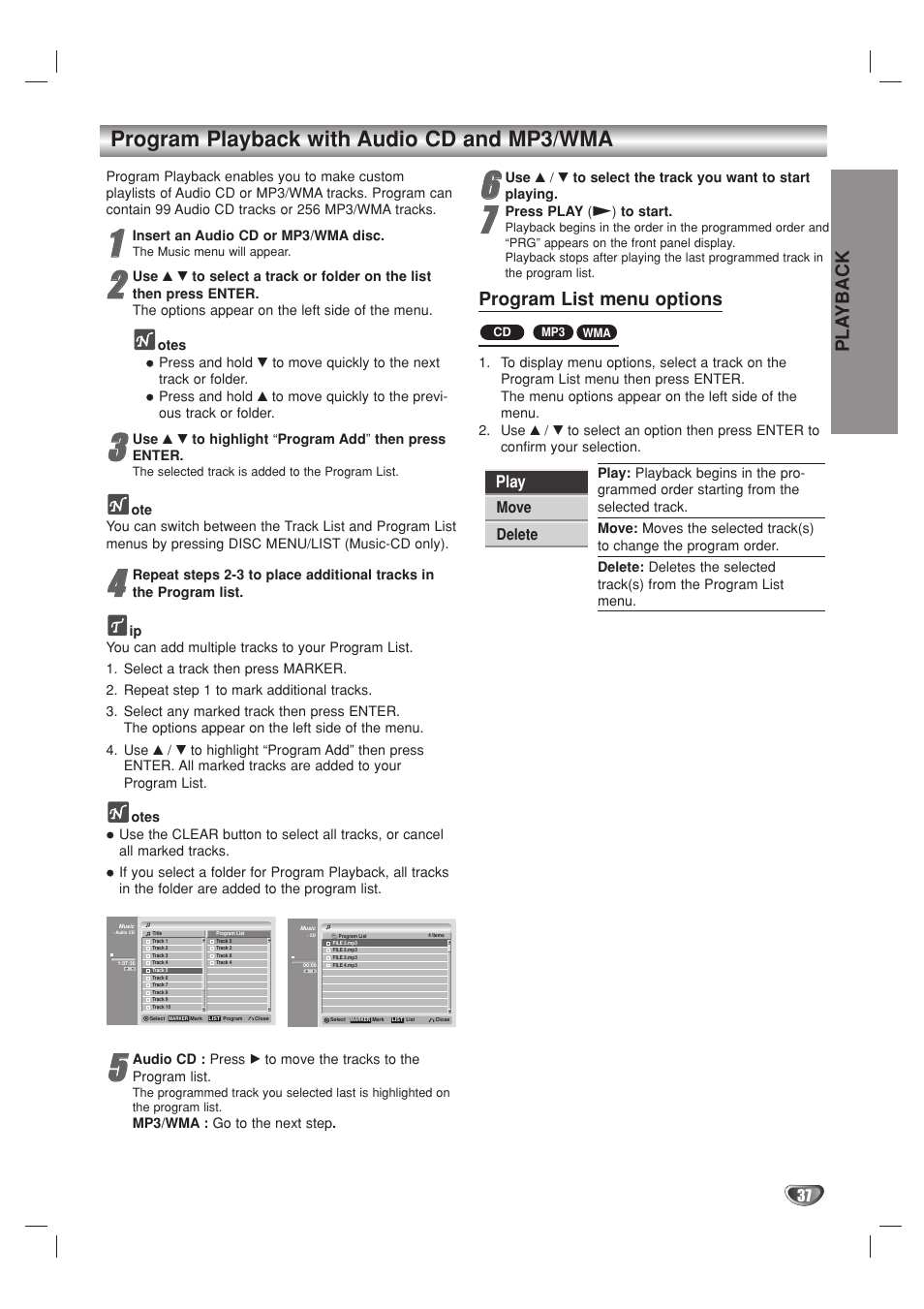 Program playback with audio cd and mp3/wma, Pla yback, Program list menu options | Play | Go-Video VR3840 User Manual | Page 37 / 62