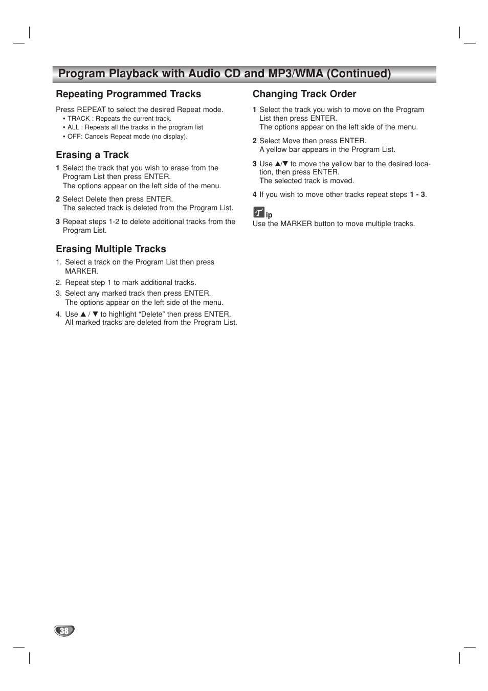 Repeating programmed tracks, Erasing a track, Erasing multiple tracks | Changing track order | Go-Video VR3840 User Manual | Page 38 / 62