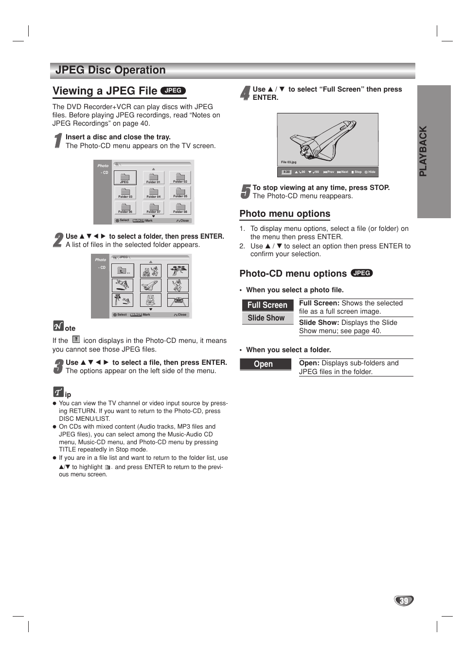 Jpeg disc operation viewing a jpeg file, Pla yback, Photo menu options | Photo-cd menu options | Go-Video VR3840 User Manual | Page 39 / 62