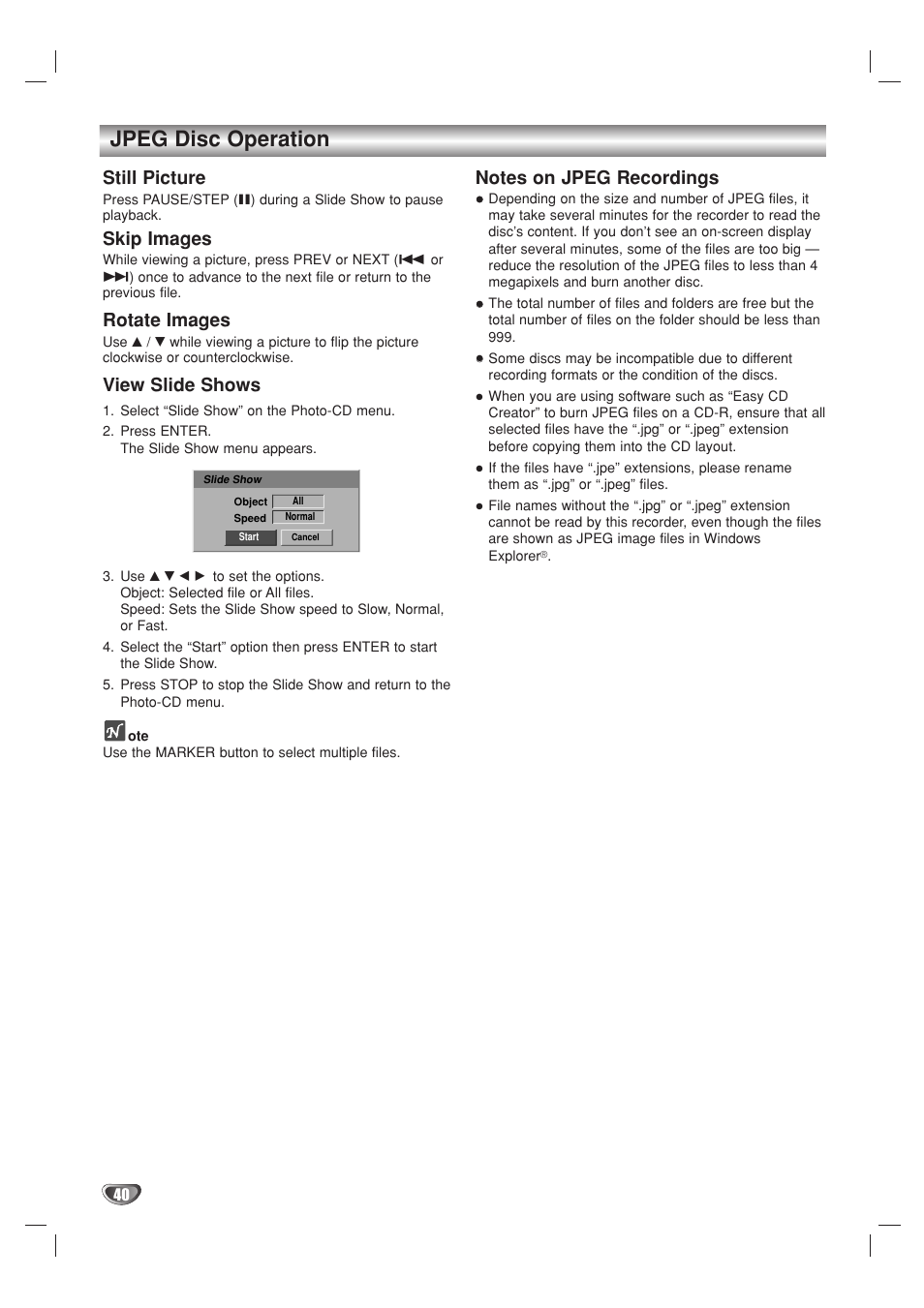 Jpeg disc operation, Still picture, Skip images | Rotate images, View slide shows | Go-Video VR3840 User Manual | Page 40 / 62
