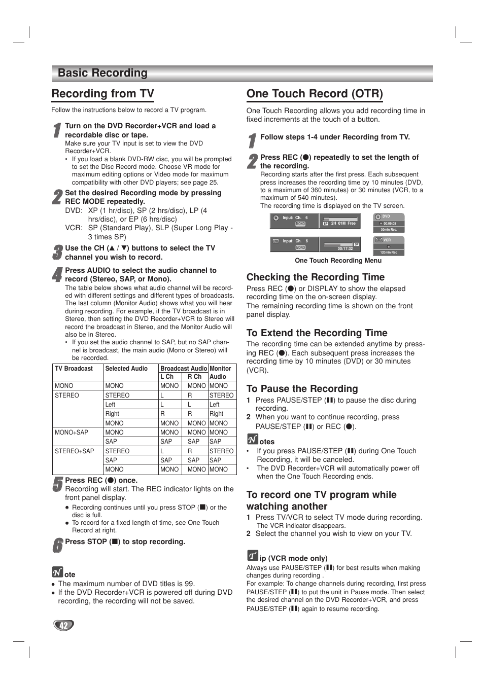 Basic recording recording from tv, One touch record (otr), Checking the recording time | Go-Video VR3840 User Manual | Page 42 / 62