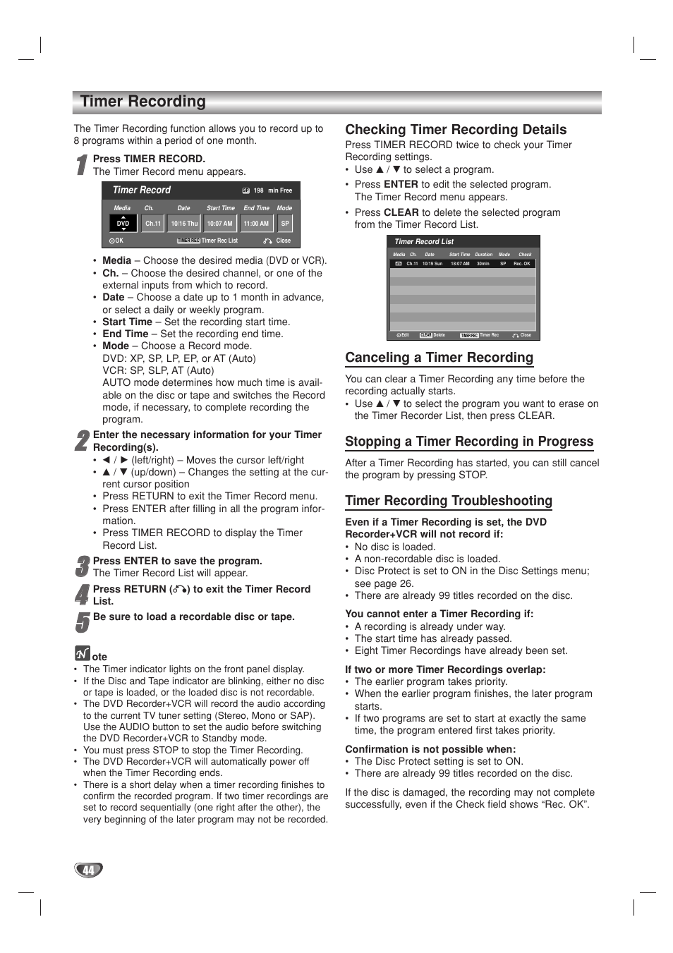 Timer recording, Checking timer recording details, Canceling a timer recording | Stopping a timer recording in progress, Timer recording troubleshooting | Go-Video VR3840 User Manual | Page 44 / 62