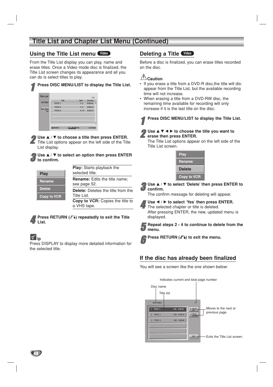 Title list and chapter list menu (continued), Using the title list menu, Deleting a title | If the disc has already been finalized | Go-Video VR3840 User Manual | Page 48 / 62