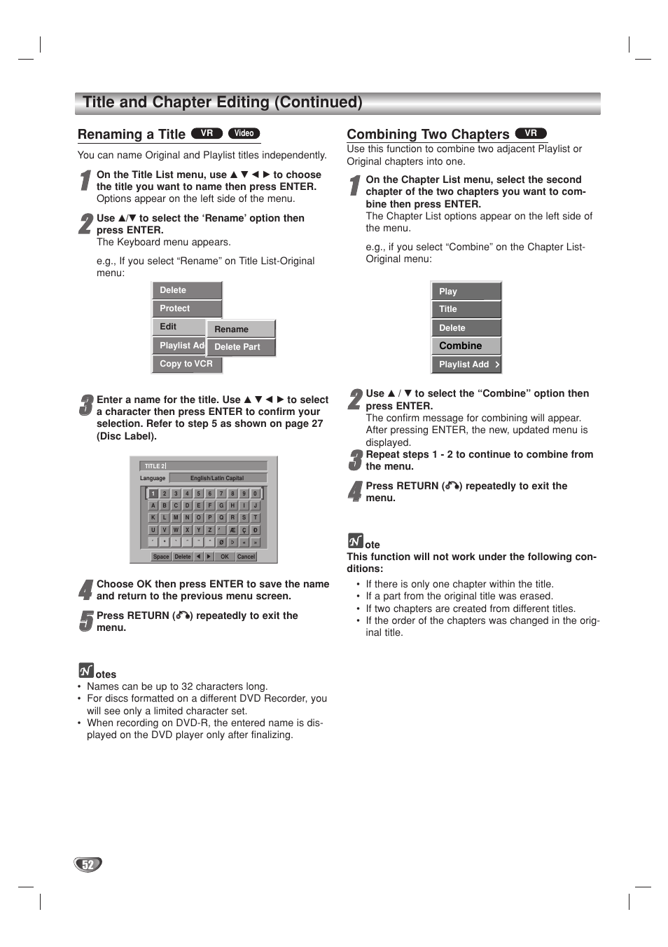 Title and chapter editing (continued), Renaming a title, Combining two chapters | Go-Video VR3840 User Manual | Page 52 / 62