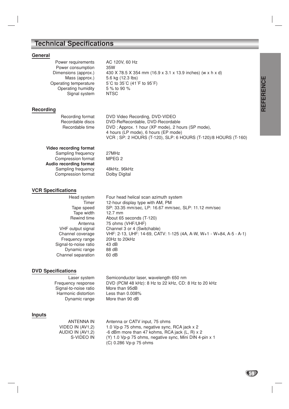 Technical specifications, Reference | Go-Video VR3840 User Manual | Page 59 / 62