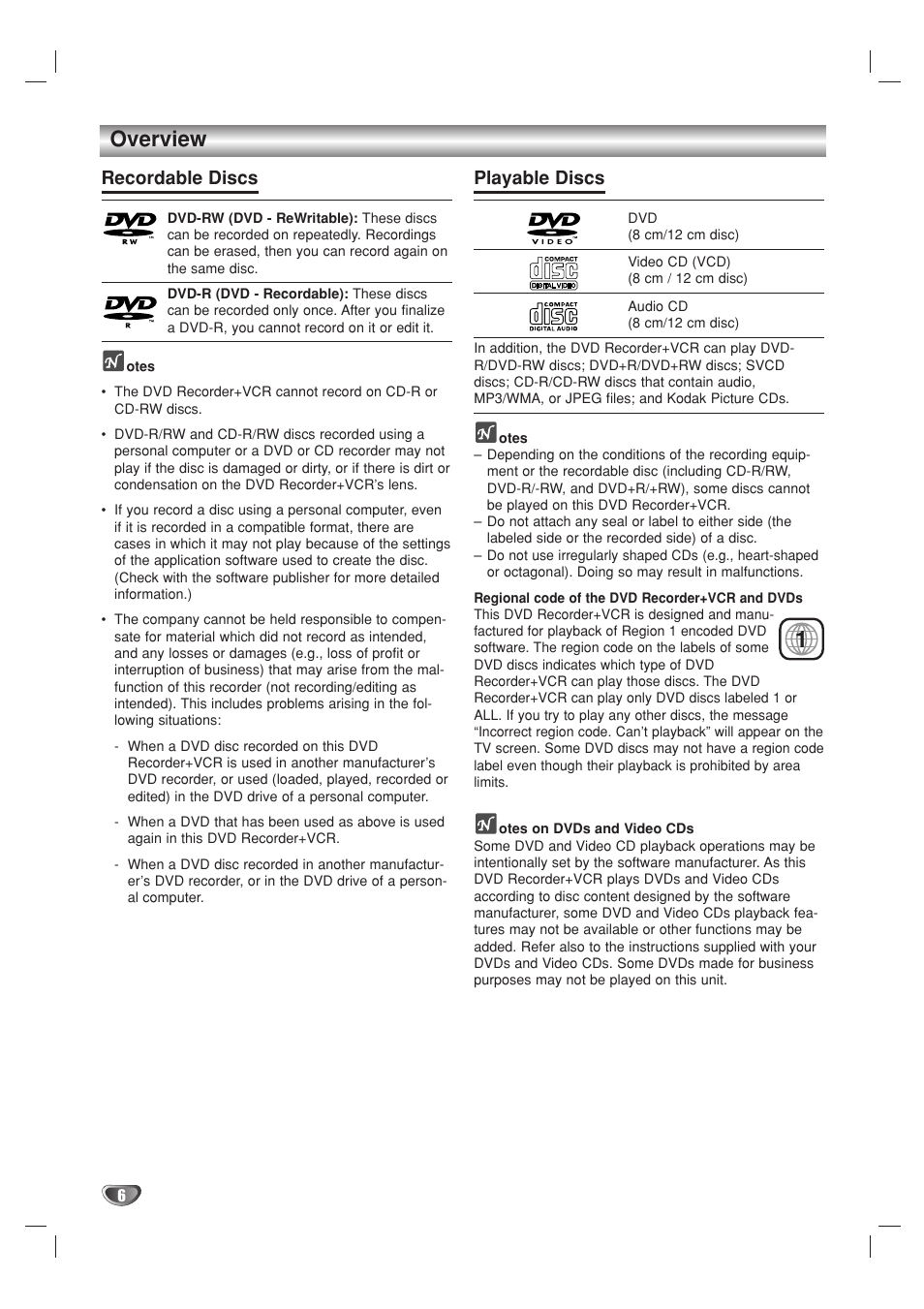 Overview, Recordable discs, Playable discs | Go-Video VR3840 User Manual | Page 6 / 62