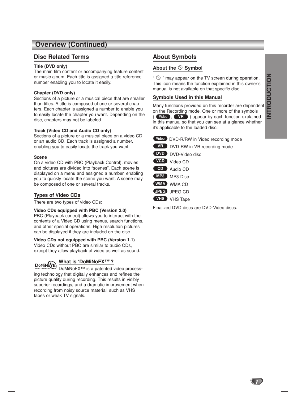 Overview (continued), Introduction, Disc related terms | About symbols | Go-Video VR3840 User Manual | Page 7 / 62