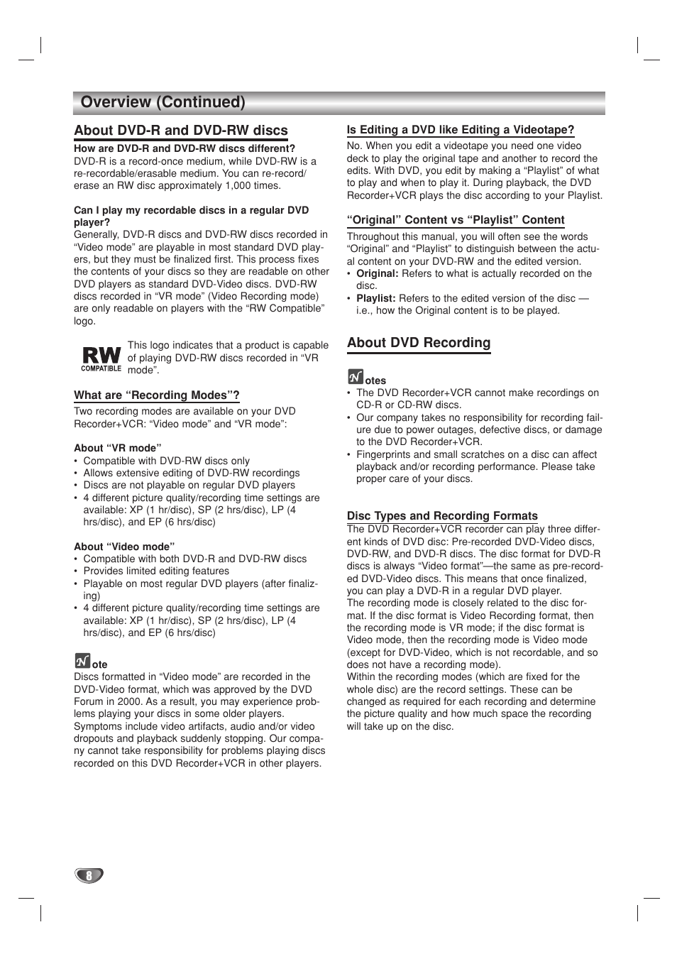 Overview (continued), About dvd-r and dvd-rw discs, About dvd recording | Go-Video VR3840 User Manual | Page 8 / 62