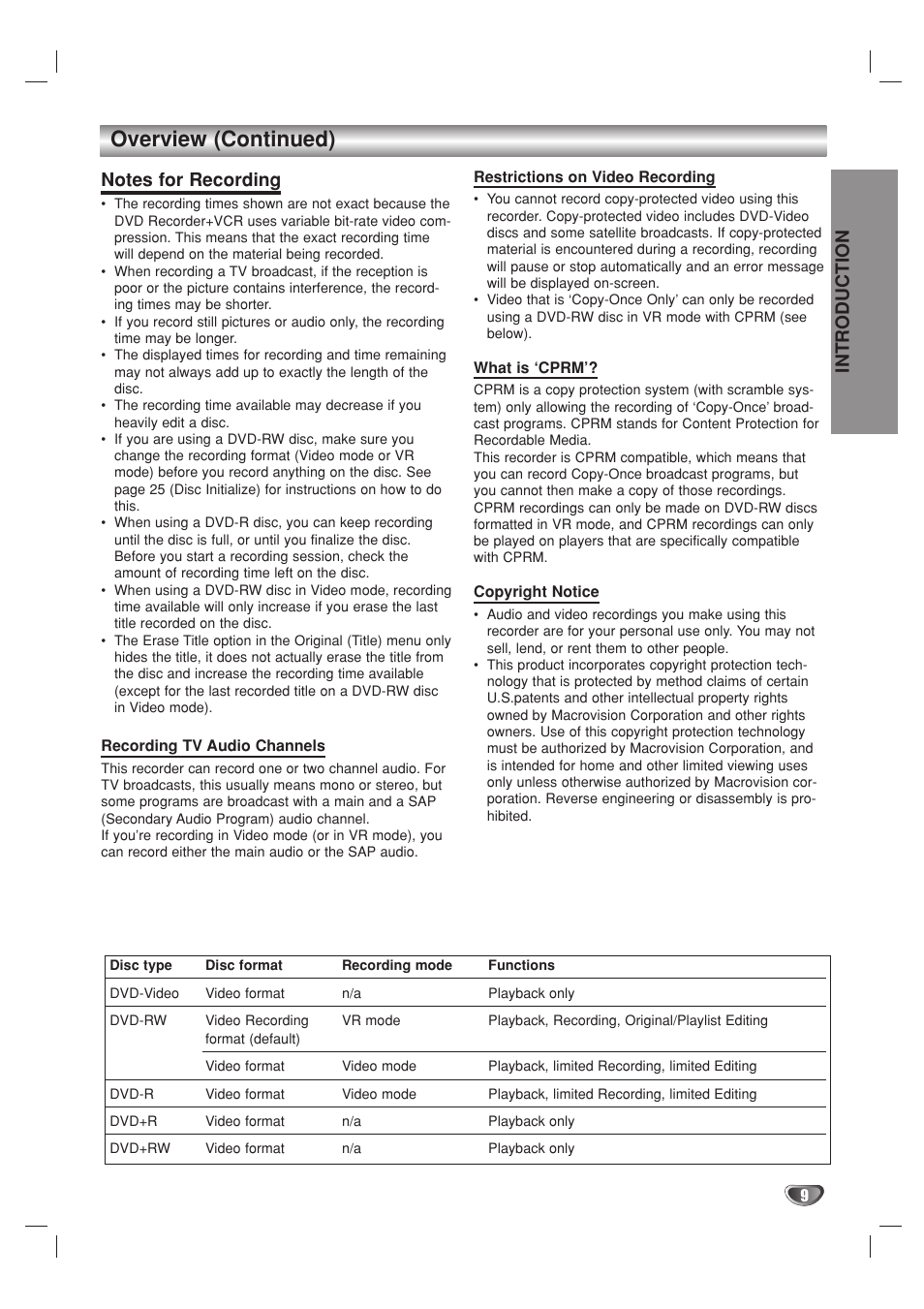 Overview (continued), Introduction | Go-Video VR3840 User Manual | Page 9 / 62