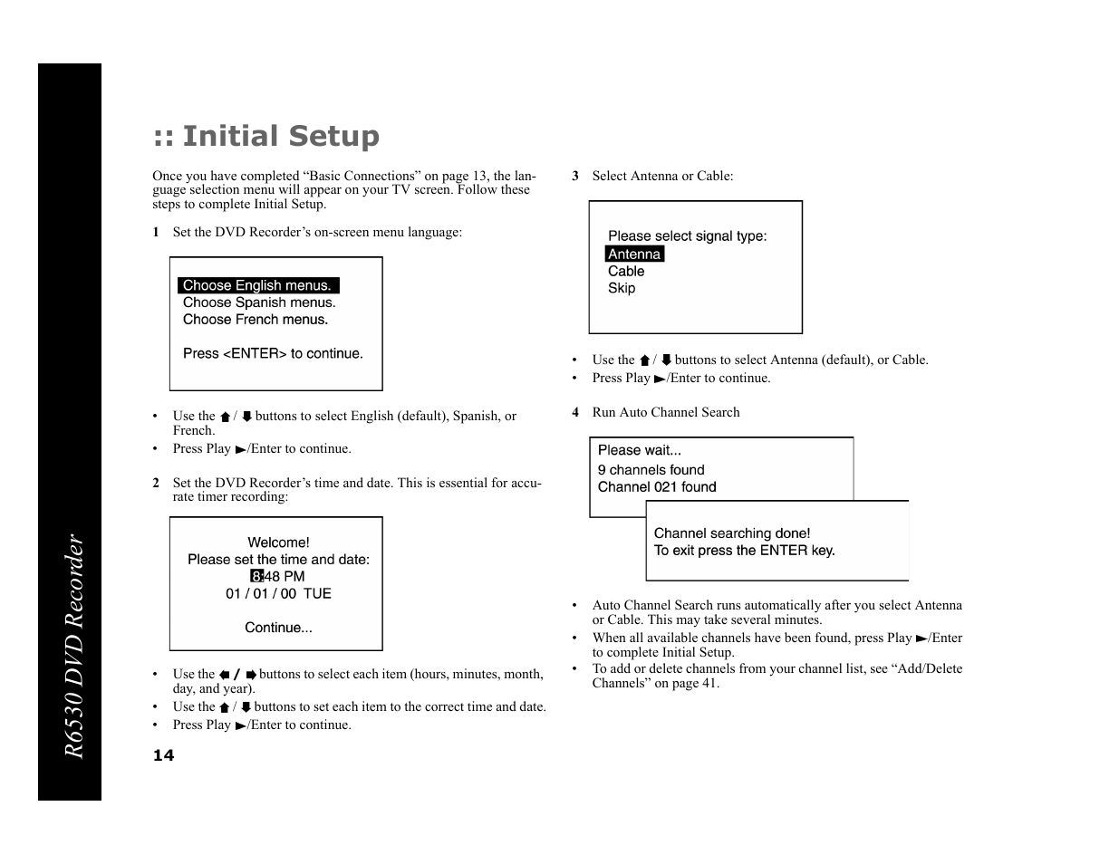 Initial setup, 1 set the dvd recorder’s on-screen menu language, 3 select antenna or cable | 4 run auto channel search, R6530 dvd recor der | Go-Video R6530 User Manual | Page 14 / 60