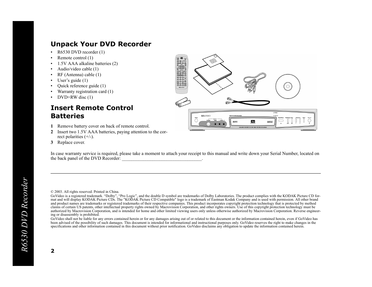 R6530 dvd recor der, Unpack your dvd recorder, Insert remote control batteries | Go-Video R6530 User Manual | Page 2 / 60
