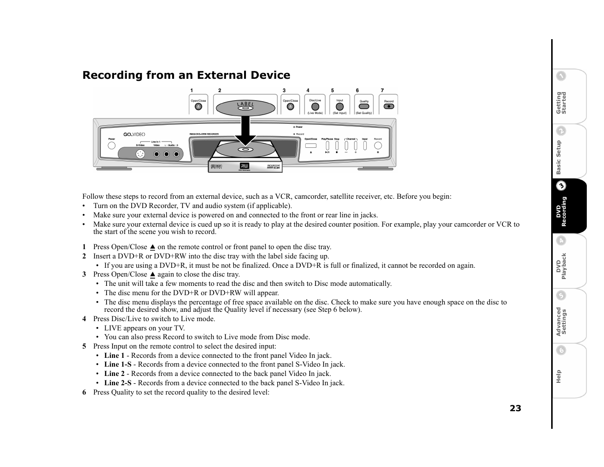 Recording from an external device, 3 press open/close again to close the disc tray, 4 press disc/live to switch to live mode | Go-Video R6530 User Manual | Page 23 / 60