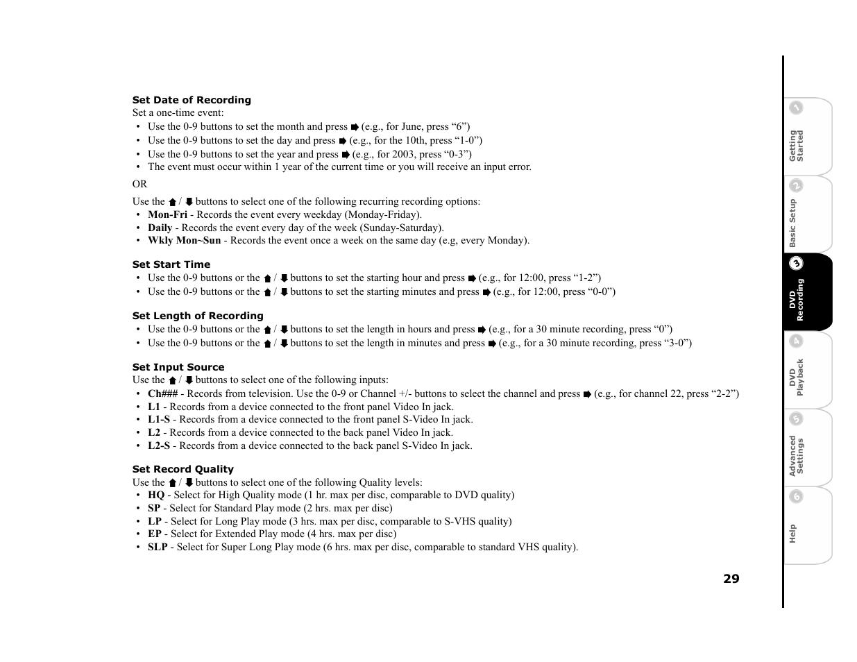 Set date of recording, Set start time, Set length of recording | Set input source, Set record quality | Go-Video R6530 User Manual | Page 29 / 60