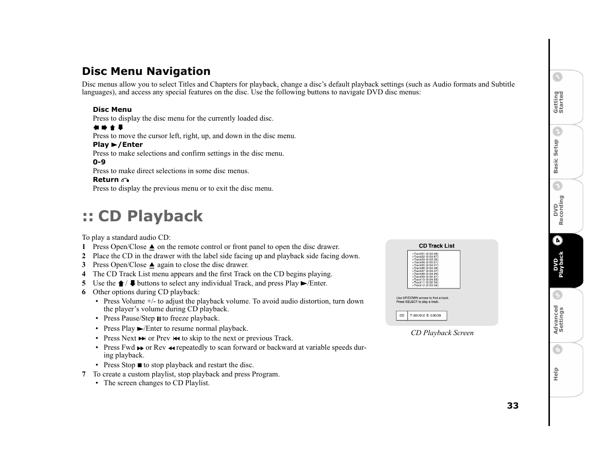 Disc menu navigation, Disc menu, Play /enter | Return, Cd playback, 3 press open/close again to close the disc drawer, 6 other options during cd playback | Go-Video R6530 User Manual | Page 33 / 60