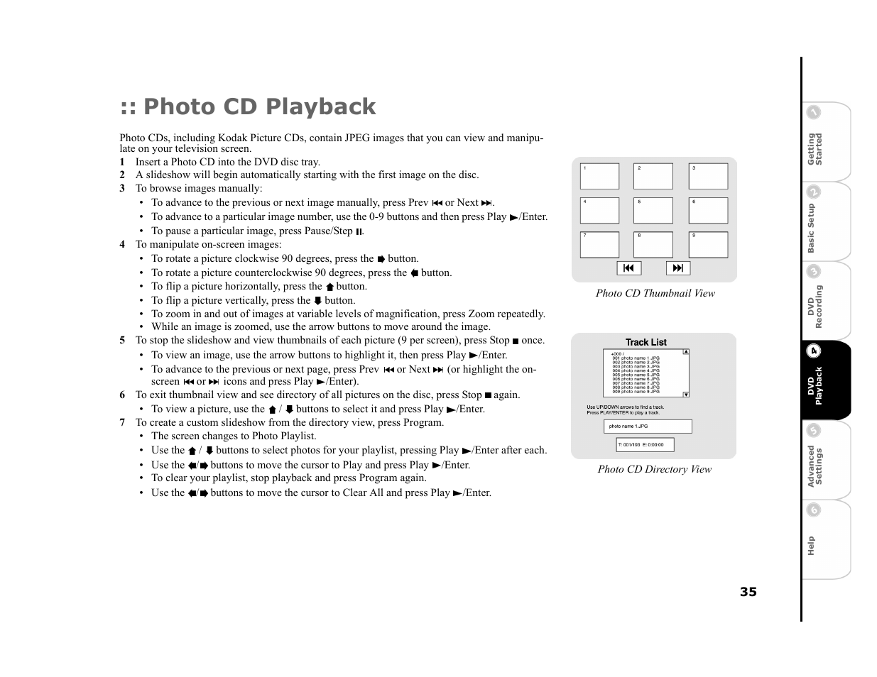 Photo cd playback, 1 insert a photo cd into the dvd disc tray, 3 to browse images manually | 4 to manipulate on-screen images | Go-Video R6530 User Manual | Page 35 / 60