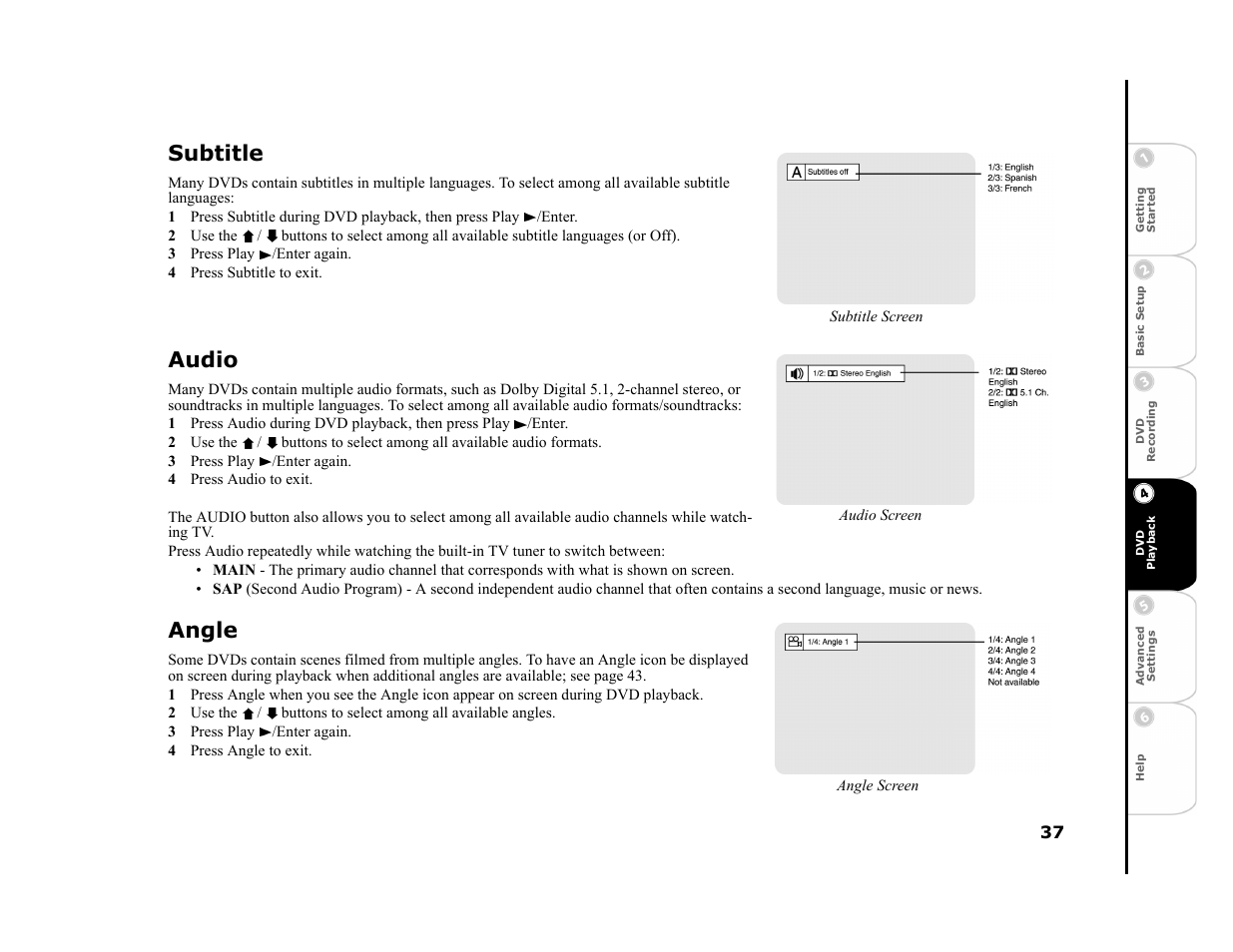 Subtitle, 3 press play /enter again, 4 press subtitle to exit | Audio, 4 press audio to exit, Angle, 4 press angle to exit | Go-Video R6530 User Manual | Page 37 / 60