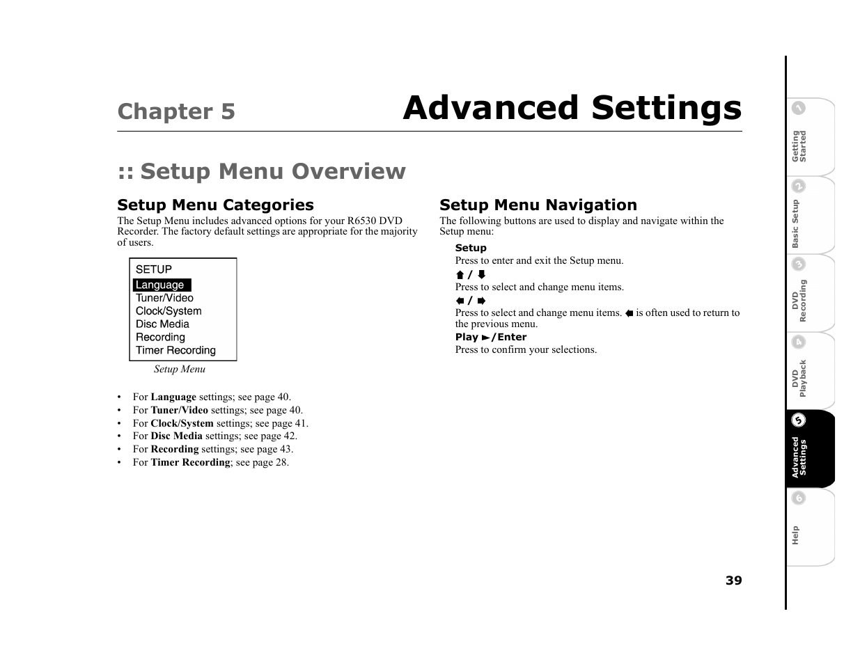 Chapter 5 advanced settings, Setup menu overview, Setup menu categories | Setup menu navigation, Setup, Play /enter, 5 - advanced settings, Advanced settings, Chapter 5 | Go-Video R6530 User Manual | Page 39 / 60