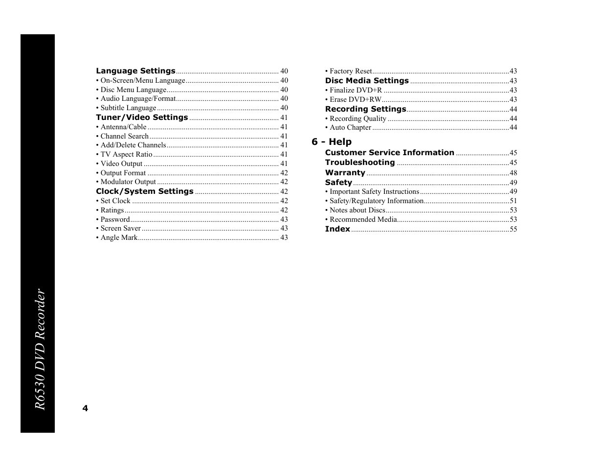 6 - help, R6530 dvd recor der | Go-Video R6530 User Manual | Page 4 / 60