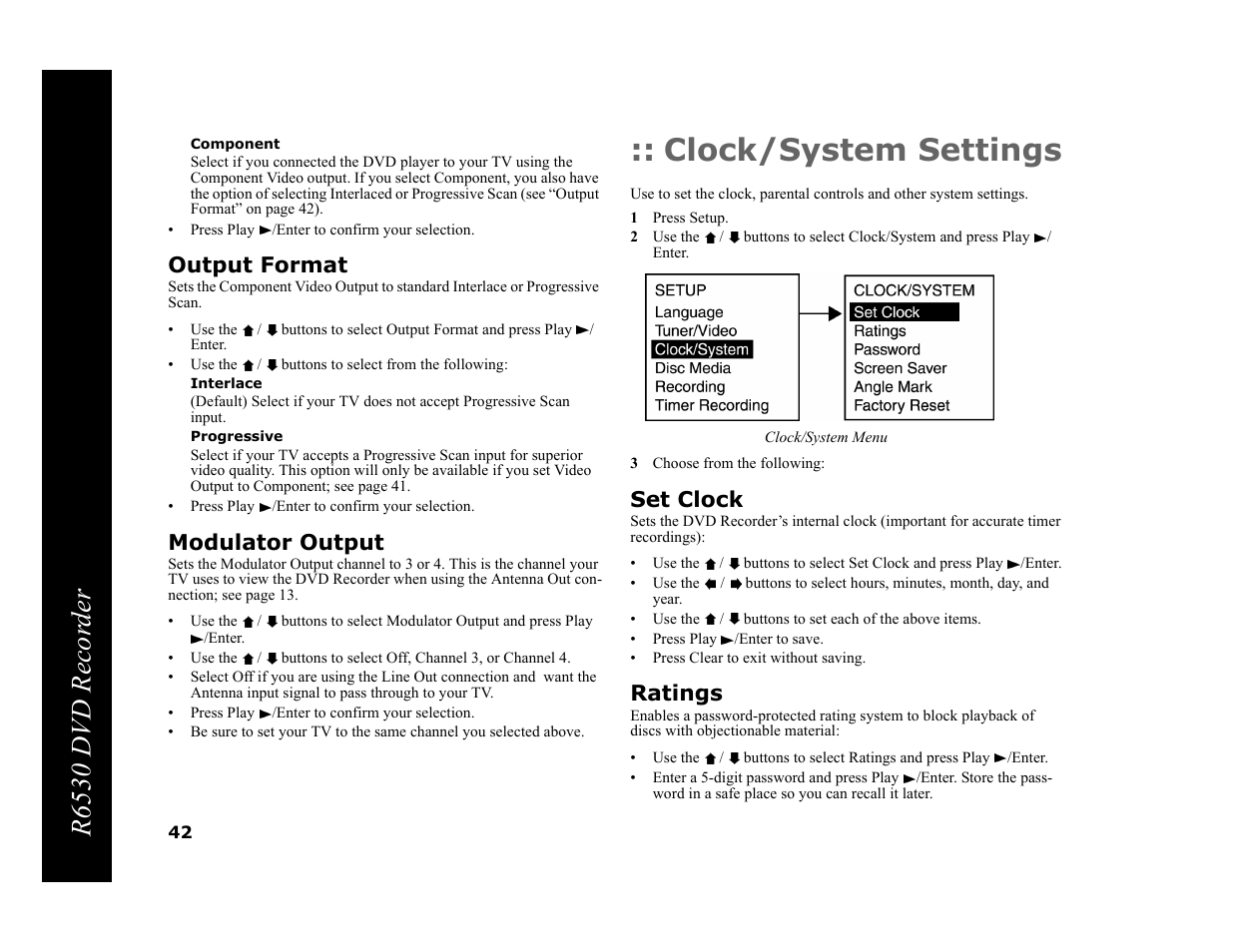 Component, Output format, Interlace | Progressive, Modulator output, Clock/system settings, 1 press setup, 3 choose from the following, Set clock, Ratings | Go-Video R6530 User Manual | Page 42 / 60