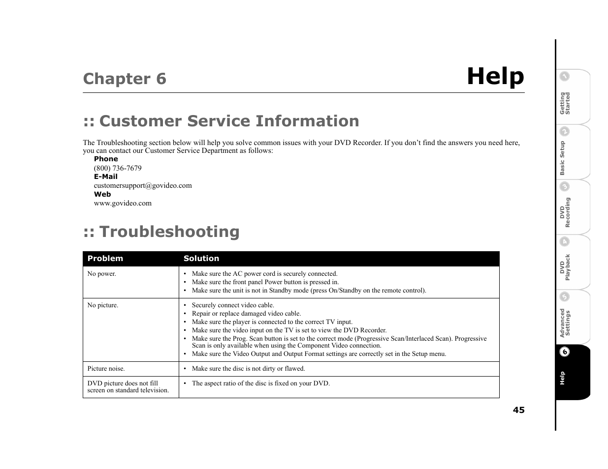 Chapter 6 help, Customer service information, Phone | E-mail, Troubleshooting, 6 - help, Help, Chapter 6 | Go-Video R6530 User Manual | Page 45 / 60