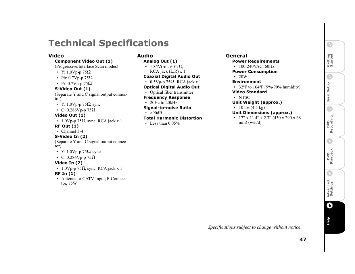 Technical specifications, Video, Component video out (1) | S-video out (1), Video out (1), Rf out (1), S-video in (2), Video in (2), Rf in (1), Audio | Go-Video R6530 User Manual | Page 47 / 60