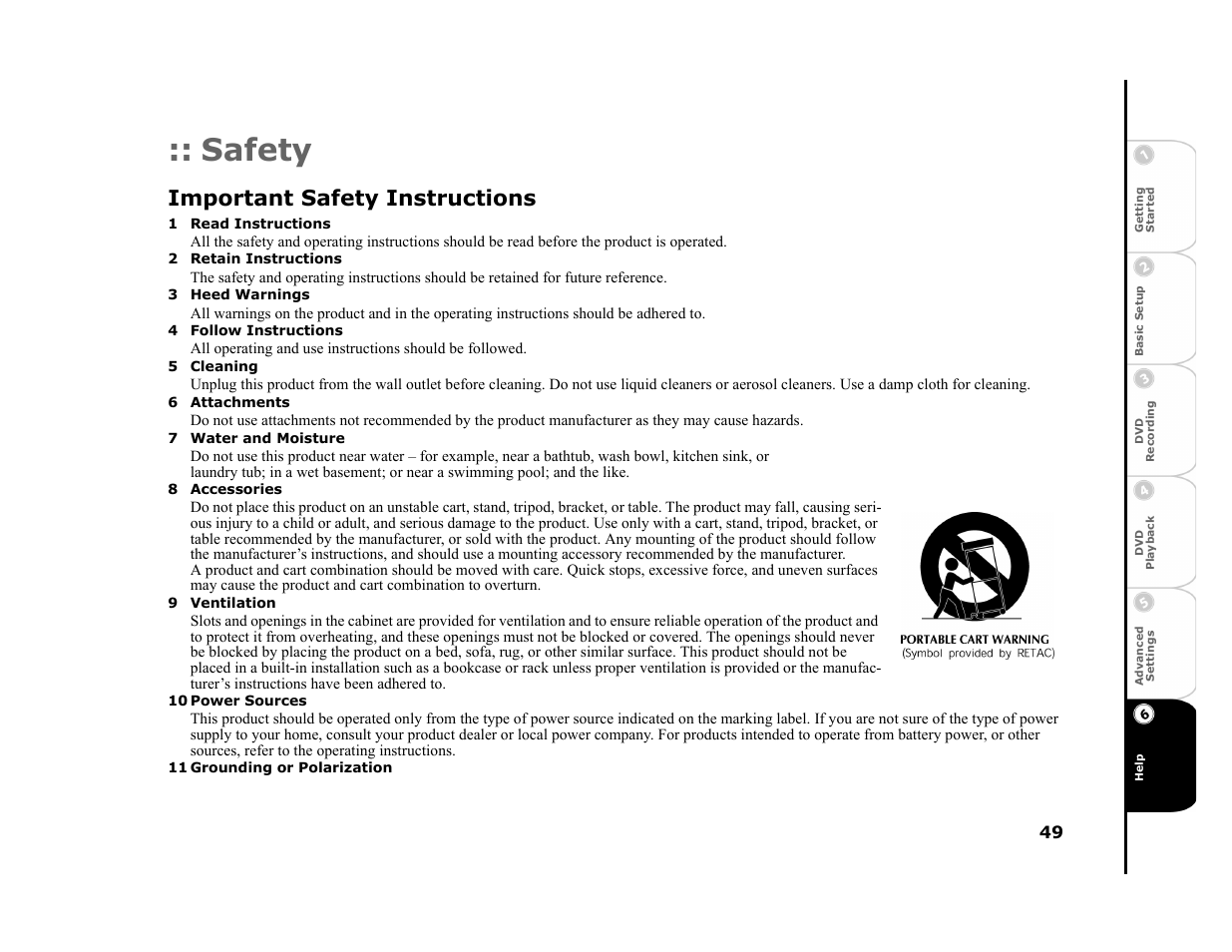 Safety, Important safety instructions, 1 read instructions | 2 retain instructions, 3 heed warnings, 4 follow instructions, 5 cleaning, 6 attachments, 7 water and moisture, 8 accessories | Go-Video R6530 User Manual | Page 49 / 60