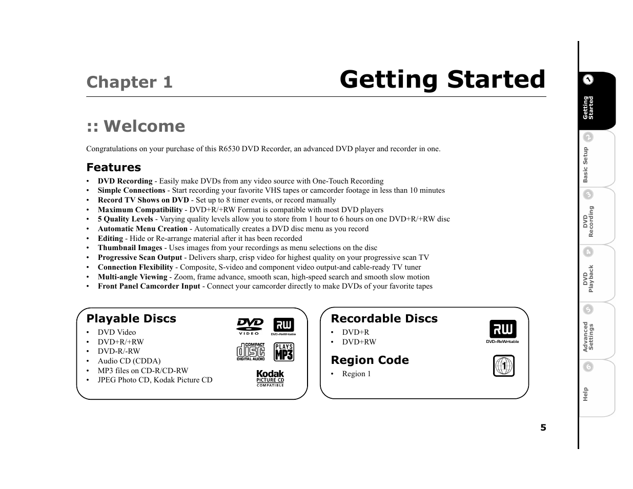 Chapter 1 getting started, Welcome, Features | Playable discs, Recordable discs, Region code, 1 - getting started, Getting started, Chapter 1 | Go-Video R6530 User Manual | Page 5 / 60