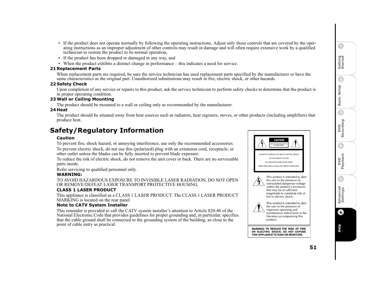 21 replacement parts, 22 safety check, 23 wall or ceiling mounting | 24 heat, Safety/regulatory information, Caution, Warning, Class 1 laser product, Note to catv system installer | Go-Video R6530 User Manual | Page 51 / 60