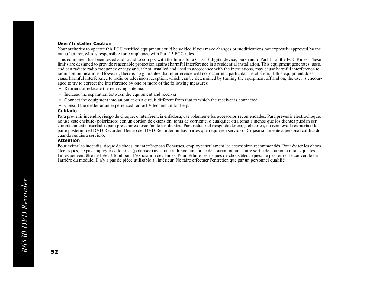 User/installer caution, Cuidado, Attention | R6530 dvd recor der | Go-Video R6530 User Manual | Page 52 / 60