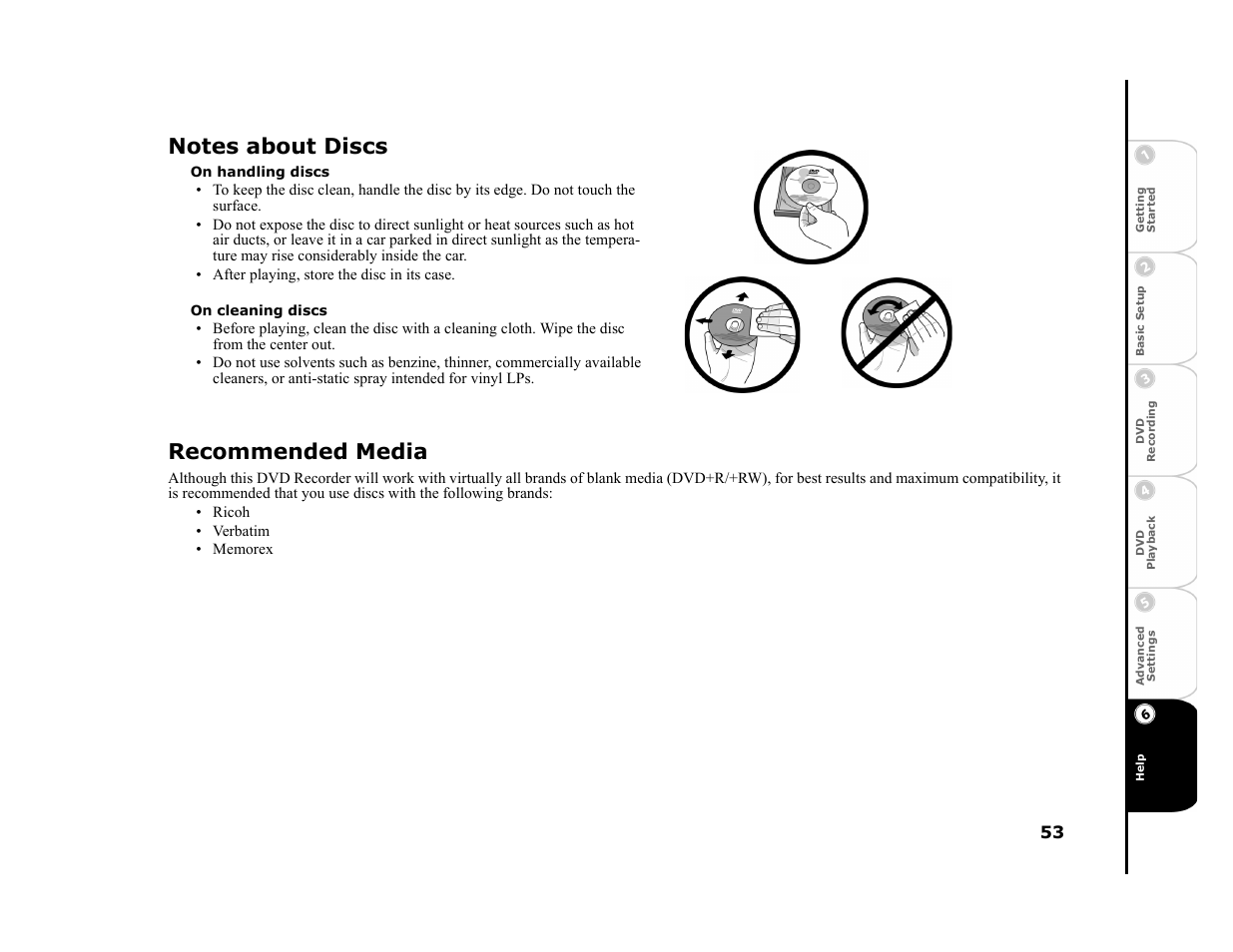 Notes about discs, On handling discs, On cleaning discs | Recommended media | Go-Video R6530 User Manual | Page 53 / 60