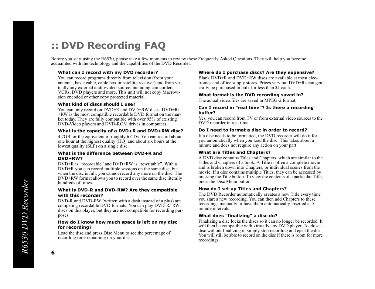 Dvd recording faq, R6530 dvd recor der | Go-Video R6530 User Manual | Page 6 / 60