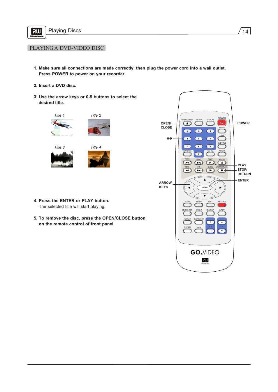 Playing discs 14 playing a dvd-video disc | Go-Video R 6640 User Manual | Page 15 / 40